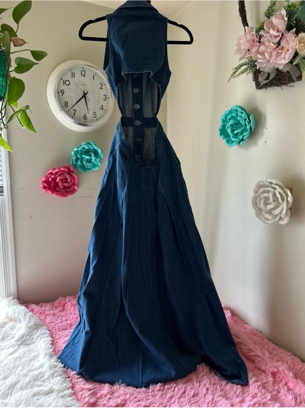 Denim Maxi Dress with Statement Buttons - Dark Blue - Picture 3 of 6